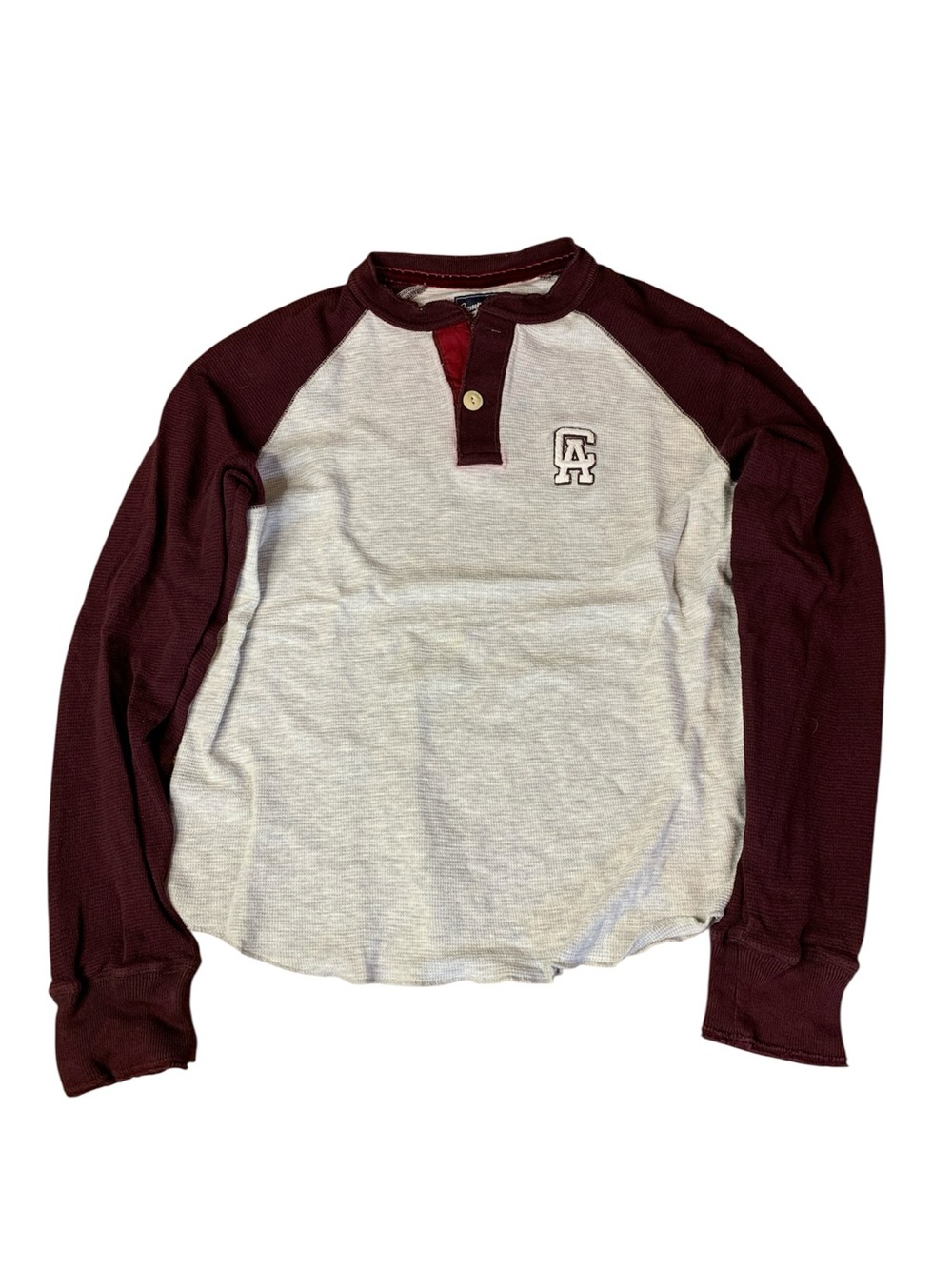 Campus Crew Henley - 100% Cotton Waffle Knit - Burgundy & Grey